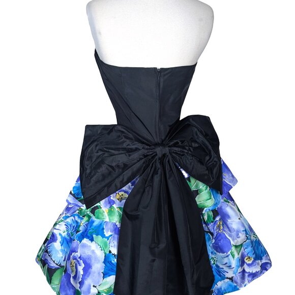 Vintage 80s Strapless Blue Floral Print Short Tiered Prom Cocktail Party Dress M - Picture 10 of 12